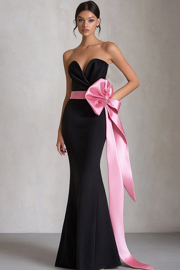 Black Pink Mermaid Sweetheart Satin Long Formal Dress with Bow